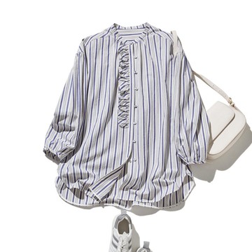 清新優雅的印象 可愛荷葉邊設計中長版襯衫 條紋襯衫 藍 × 米白