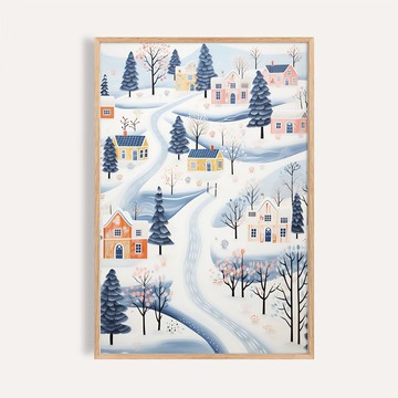 耶誕小鎮風格 / 雪徑暖光小鎮 聖誕掛畫 海報 無框畫