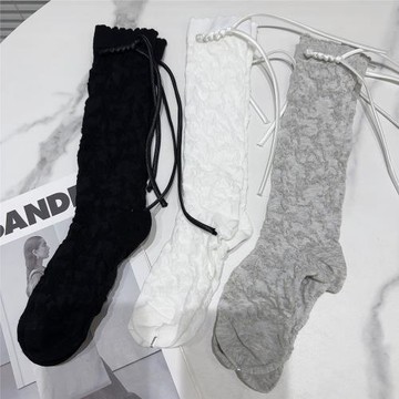 網紅同款2025秋秋新款絲帶暗提花甜美氣質堆堆襪中筒襪JK襪子棉襪