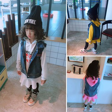 童裝女童春秋兒童牛仔馬甲+中小童卡通印花衛衣裙兩件套裝 潮1入
