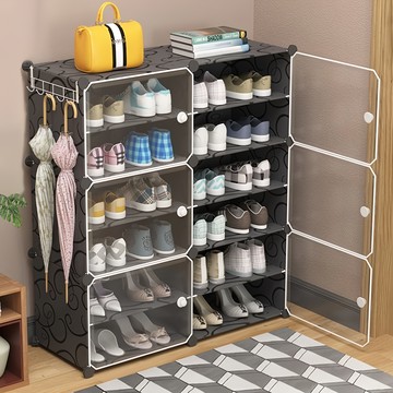 多功能側開式2列6層內隔2層組合鞋櫃 頂部可拆置物隔板  黑色  1個
