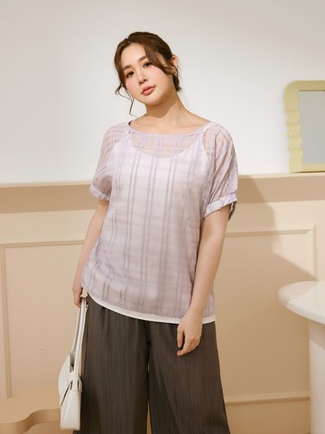 雲朵自訂款-格紋透膚微光澤連袖上衣