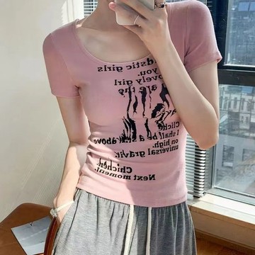 (臺灣出貨)SY韓版純棉短袖T恤女夏季新款U領上衣美式複古修身美拉德辣妹上衣遮肉短款上衣短袖印花上衣