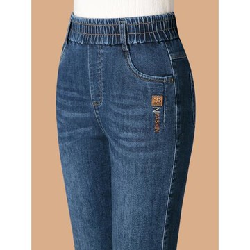 松緊腰牛仔褲女士2025秋冬新款大碼加絨加厚中年媽媽彈力哈倫褲子