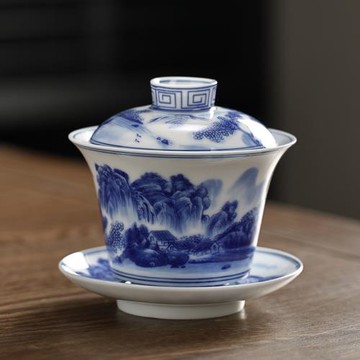 愛賞青花瓷三才蓋碗陶瓷茶碗茶具茶備泡茶杯家用手繪復古泡茶器