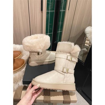 LOFTIME WIN95新品冬季款4CM防滑厚底羊毛厚絨搭扣女士中筒雪地靴