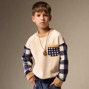 PIPPY 陽光拼接格紋大口袋圓領長袖上衣 米-165