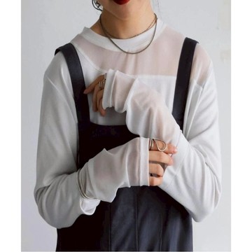 氛圍感斜領｜不對稱透視上衣｜薄紗袖口拉長比例｜時髦配色｜單穿疊穿 白色PN-00545-Plus-03 WT