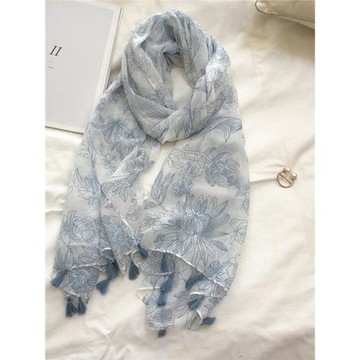 外貿春秋新款文藝淺色大花棉麻圍巾女夏輕薄披肩紗巾海邊防曬絲巾