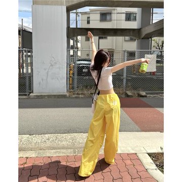 @uniken【黃桃罐子】美式工裝闊腿褲女夏薄款運動褲高腰寬松舞褲