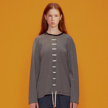 【Off-season sale】中性款 前中綁帶條紋圓領上衣 / 黑白條