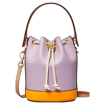 TORY BURCH 撞色拼接皮革水桶包  15 x 18 x 11cm  紫色 + 卡其色 + 桔色