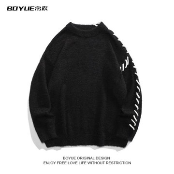 BOYUE帛躍仿貂毛加厚毛衣設計感日系綁繩針織衫秋冬2022新款潮男