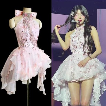 張元英同款重手工水鉆粉色連衣裙爵士舞舞蹈服生日晚會禮服公主裙