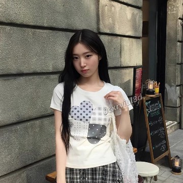 🥇2026新款🥇純棉愛心拼接~ins風印花正肩短袖T恤夏韓版修身顯瘦短款上衣insNPRVO