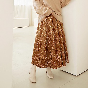 雲朵自訂款-微絨感印花後腰鬆緊百褶中長裙-OB大尺碼