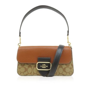 COACH MORGAN 經典緹花翻蓋手提/斜背包 兩用包 卡其x棕色