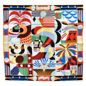 HERMES Parade en Fanfare派對嘉年華斜紋真絲方巾90cm(多彩)370075｜GoBrand購名牌