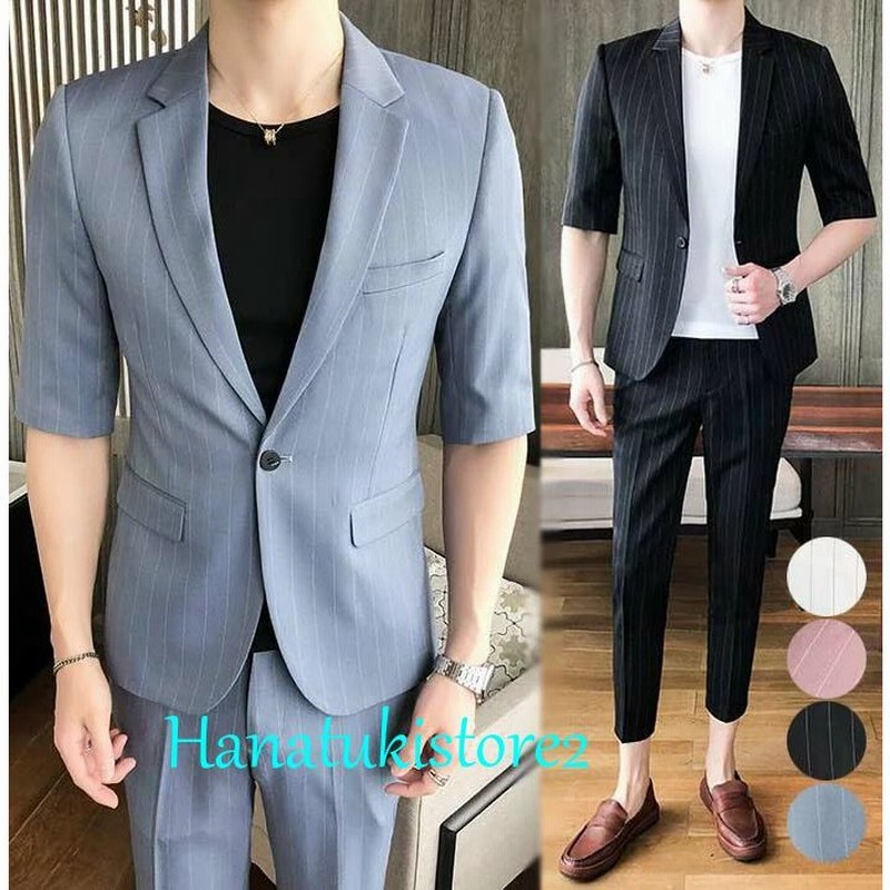 3ピーススーツ スーツ 夏 メンズスーツセット 7分袖ジャケット パンツ 白tシャツ スリムスーツ お兄ちゃん系 ストライプ 紳士服 セットアップ 通販 Lineポイント最大get Lineショッピング
