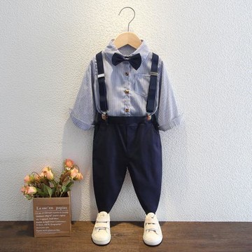 男童西裝英倫風長袖條紋襯衫兒童春秋裝花童演出套裝寶寶禮服春季