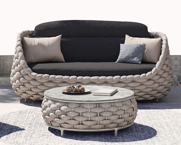 戶外岩板大茶几 紐曼織帶圓桌 手工特斯林編織 防水耐曬戶外家具