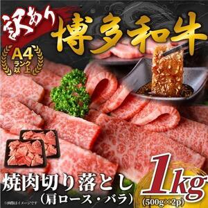 ふるさと納税 訳あり！博多和牛焼肉切り落とし(肩ロース・バラ）1kg（500g×2p） 福岡県大川市