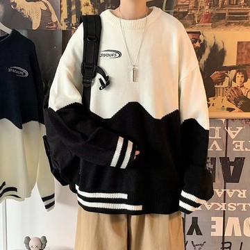 圓領撞色長袖毛衣男秋冬新款休閒百搭寬鬆保暖上衣男