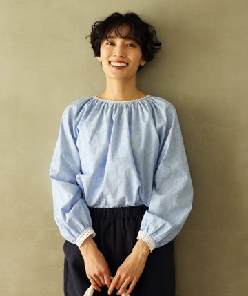 純棉提花長袖蕾絲邊上衣 氣質百搭女裝襯衫 240505-1