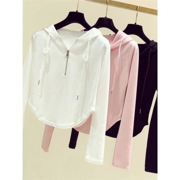 2025秋季新品ins螺紋半拉鏈長袖連帽衛衣女顯瘦u型短款純色上衣潮