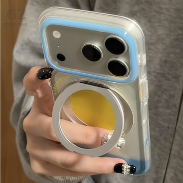 日韓ins透藍拼黃撞色360支架 適用iPhone 17 16 15 Pro Max i15 i16 17Pro 手機殼