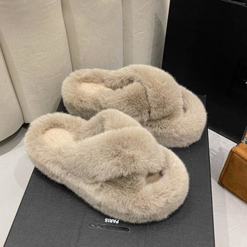 厚底交叉毛毛拖鞋女外穿高級感2022新款秋冬仙女法式爆款歐貨棉拖