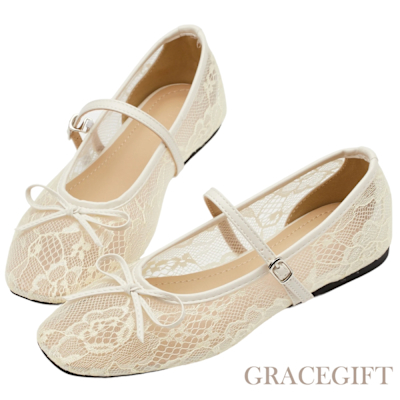 【Grace Gift】香緹微光法式蕾絲平底瑪莉珍芭蕾舞鞋 米白