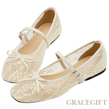 【Grace Gift】香緹微光法式蕾絲平底瑪莉珍芭蕾舞鞋 米白