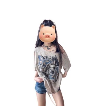 大碼胖mm美式嘻哈復古重工蝴蝶貼布T恤設計感寬松短袖露肩上衣夏