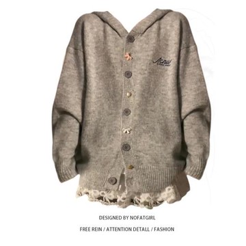 大碼胖妹妹韓系慵懶風連帽針織毛衣外套女秋季蕾絲吊帶疊穿兩件套