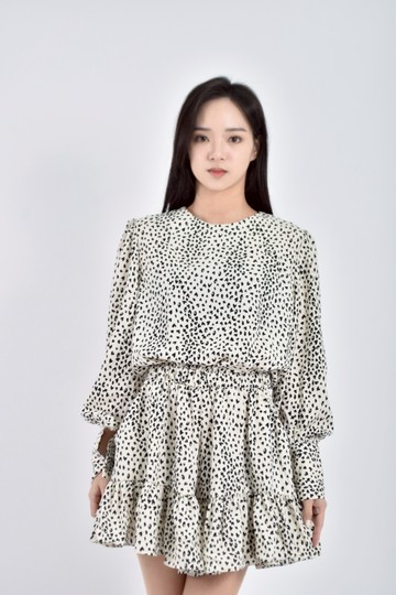 加購優惠(L) 禮服長袖豹紋鬆緊腰白色連身裝