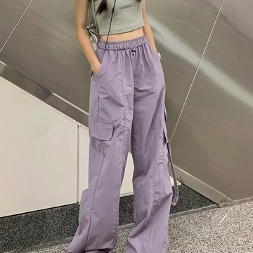 💕甜心大尺碼💕大尺碼长裤    紫色工裝褲女夏季薄款2025春秋新款直筒褲子高級垂感運動褲闊腿褲