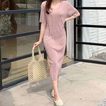 ANNAS 正韓 光澤 壓摺 洋裝 短袖 連身裙 長裙 長洋裝 百折 百摺 壓紋 氣質 韓國
