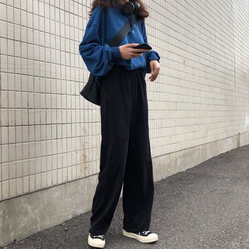 褲子女復古寬松高腰垂感燈芯絨闊腿褲百搭直筒顯瘦休閑褲1入