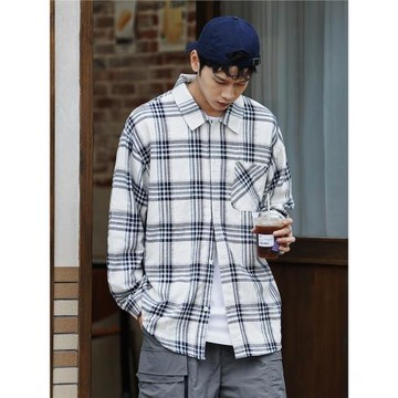 積凡日系復古秋裝格子襯衫男寬松百搭休閑男裝上衣基礎款休閑襯衣