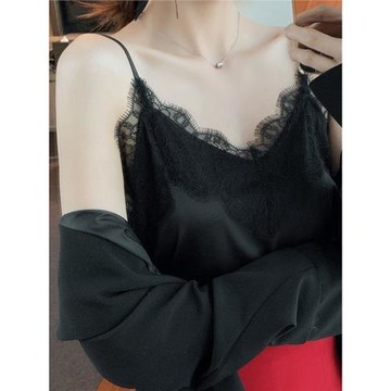 真絲綢緞吊帶背心女西裝內搭法式V領睫毛蕾絲拼接打底衫外穿大碼