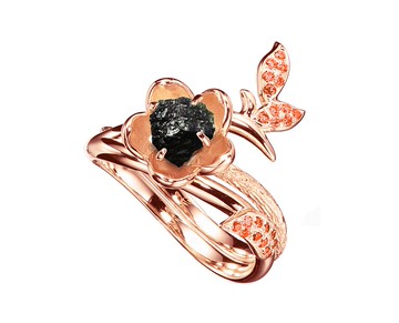 黑碧璽14k橘橙寶石梅花求婚戒指套裝  獨特植物原石訂婚戒指組合