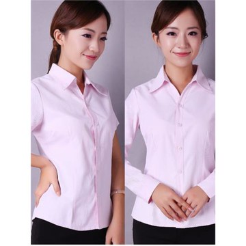 新款包郵女士襯衫長袖職業淺粉色條紋襯衣V領收腰面試商務不透