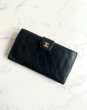 絕版古董包 Chanel 黑色小羊皮革長夾 銀包 皮夾 中古包 二手包
