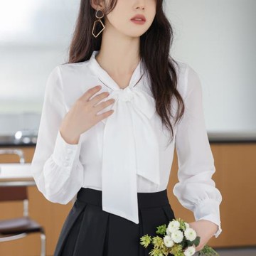 2025春秋新款白色雪紡衫蝴蝶結飄帶設計感小眾襯衫女上衣氣質襯衣