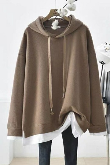 連帽衛衣女寬松顯瘦大碼女裝華夫格假兩件上衣時尚百搭春秋新款【聚寶屋】