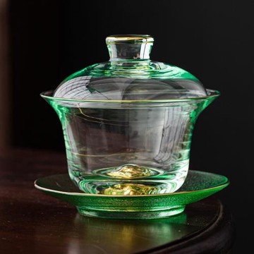 描金冰綠三才蓋碗茶杯單個水晶玻璃泡茶器家用功夫茶具套裝