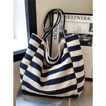 韓國ins文藝撞色條紋帆布包托特包大容量單肩包慵懶風購物袋大包