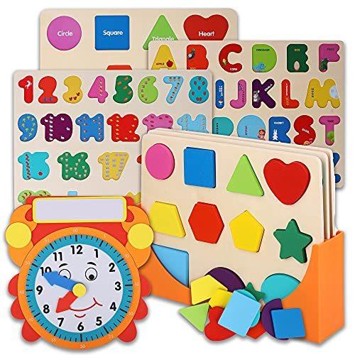 Wooden Toddler Puzzles and Rack Set ー (3 Pack) Bundle with Storage Holder R