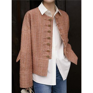 2025新款春秋國風名媛氣質夾克女小香風外套新中式粗花呢粉色上衣